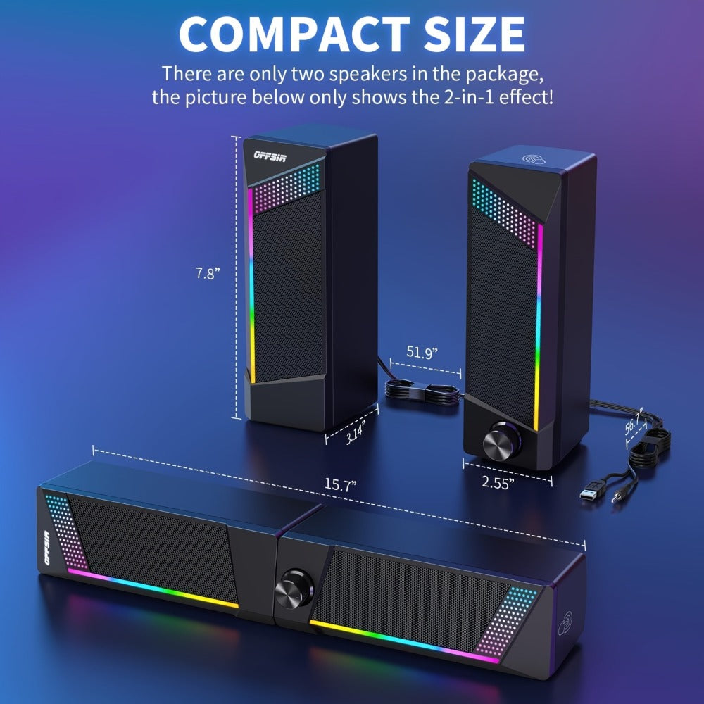2-in-1 RGB Gaming Computer Speakers Wired, PC Desktop Laptop Soundbar with Subwoofer, Volume Control
