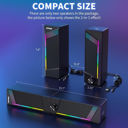 2-in-1 RGB Gaming Computer Speakers Wired, PC Desktop Laptop Soundbar with Subwoofer, Volume Control