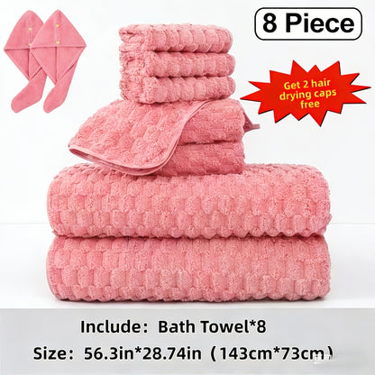 Towel Set 4 or 8 Piece Microfiber Collection with Hair-Drying Cap Options in Four Colors for Home and Guest Use