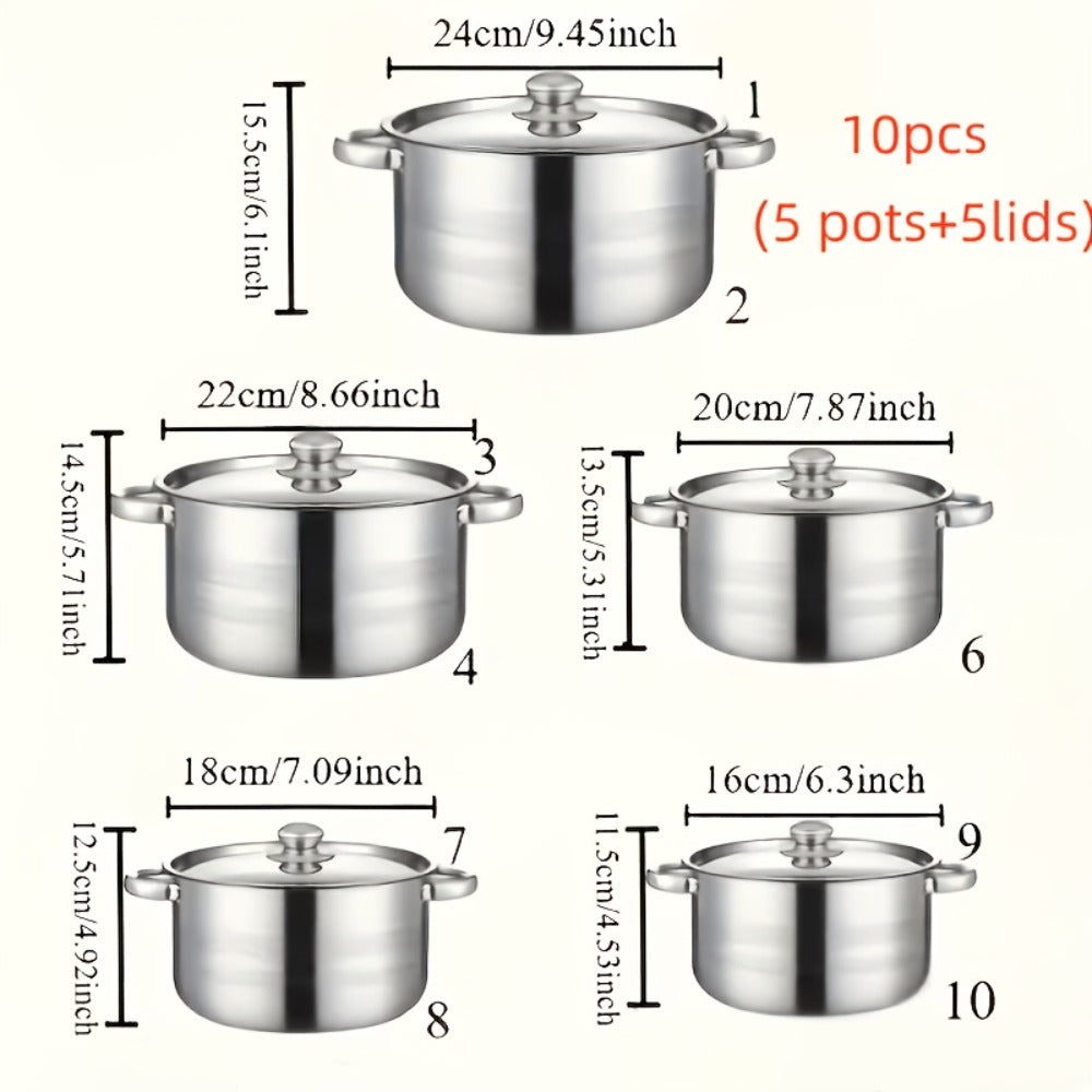 Cookware Set, 10-, 12- or 15-Piece Stainless Steel Deep Pots with Glass Lids, Double Handles and Three Finishes