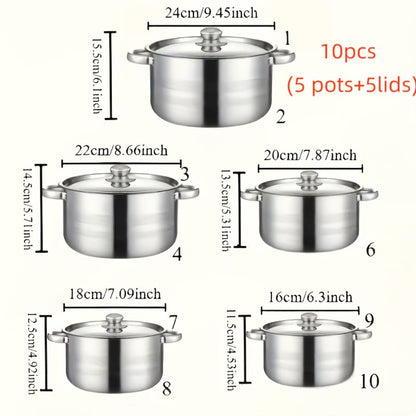 Cookware Set, 10-, 12- or 15-Piece Stainless Steel Deep Pots with Glass Lids, Double Handles and Three Finishes
