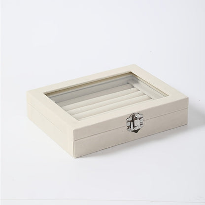 Jewelry Box with Locking Lid – 49-Ring Capacity Glass-Like Plastic Ring & Earring Organizer, Large Rectangular Storage Case