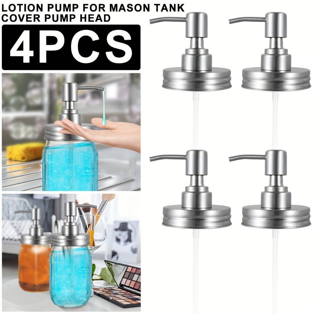 Mason Jar Soap Dispenser Pump Lids 4 Pack – 304 Stainless Steel Regular Mouth Mason Jar Pump Replacement, Leakproof Gasket