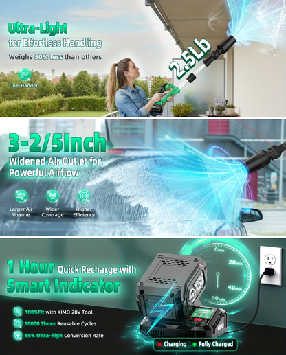 KIMO 20V Cordless Leaf Blower with Telescoping Tube, Three-Speed Label, Charger and One- or Two-Battery 4000mAh Sets