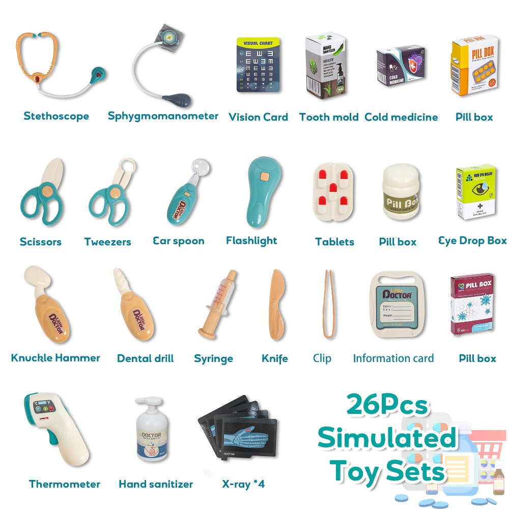 Deluxe Doctor Kit for Kids 26pcs, Pretend Medical Station Toy Set with Play Stethoscope & Medical Instruments