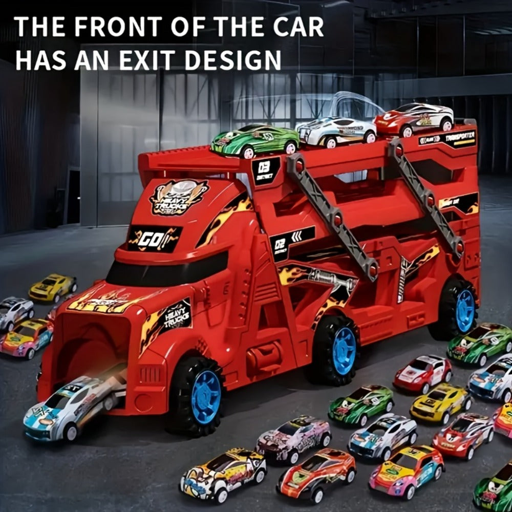 Transforming Launcher Truck Playset with 8 Alloy Cars, Foldable Storage Transporter Toy, Car Carrier Truck with Launch Ramp