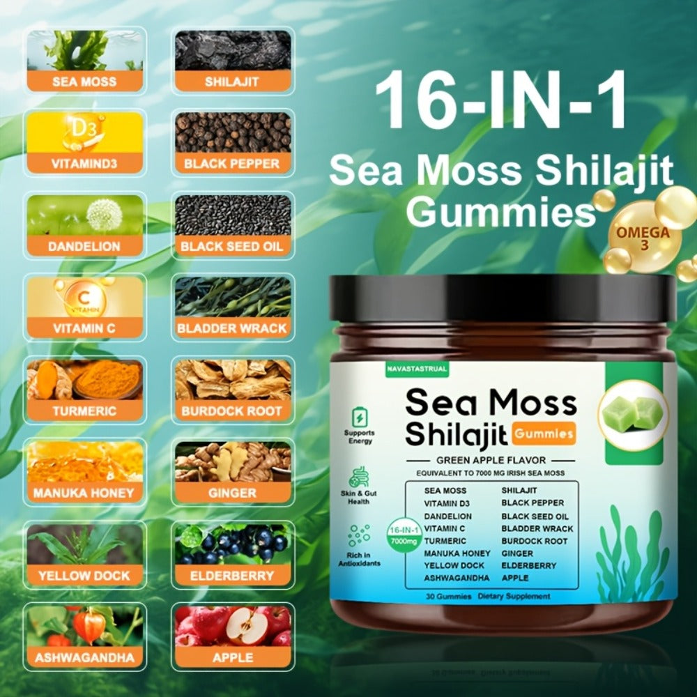 16-in-1 Sea Moss & Shilajit Gummies with Turmeric, Ashwagandha & Black Seed, Plant-Based Immune & Digestive Health Supplement