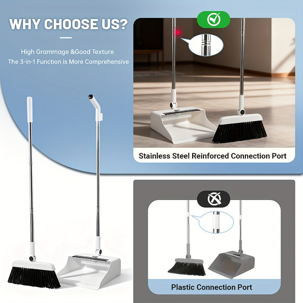 Broom and Dustpan Set with Long Handle - 2-in-1 3-in-1 4-in-1 Foldable Broom Dustpan Combo with Floor Brush for Home Office Dorm Room