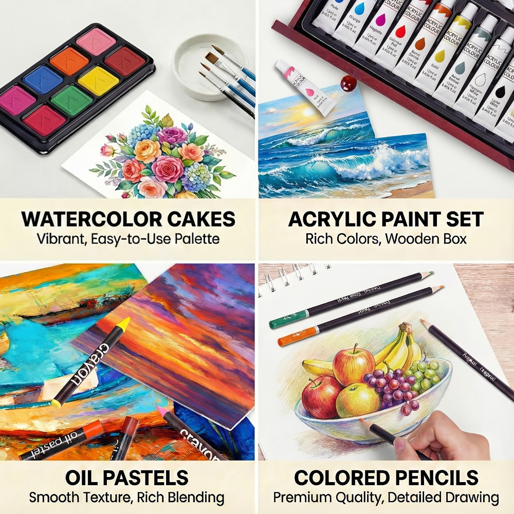 172 Piece Deluxe Art Set in Wooden Case with 2 Drawing Pads Crayons Acrylic with the Listed Color, Size or Set Options for Everyday Use