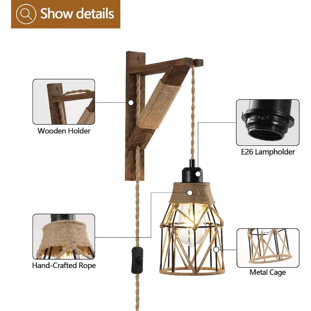 Plug-In Cage Wall Sconce with Wooden Bracket, 250 cm Cord and Single or Two-Piece Farmhouse Options