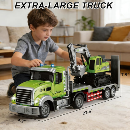 RC Semi Truck with Flatbed Trailer & Alloy Excavator Set 1:12 Scale, 11-Channel Dual Control, Sound & Lights