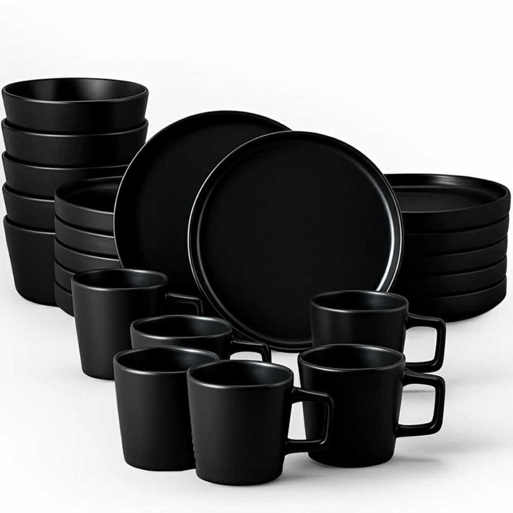 Dinnerware Set Options for Four with Round Plates, Bowls and Cups in Black, Red, Blue, Green or Floral Designs