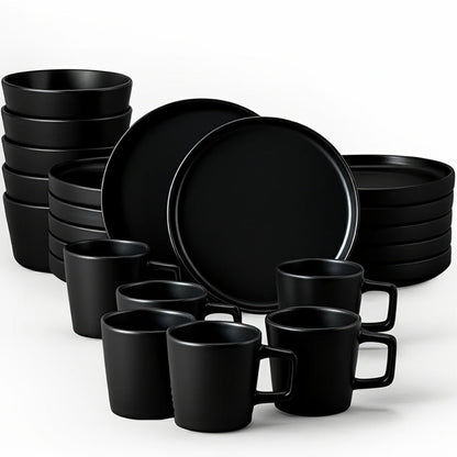 Dinnerware Set Options for Four with Round Plates, Bowls and Cups in Black, Red, Blue, Green or Floral Designs
