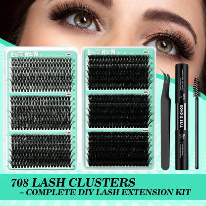 Lash Clusters Kit 708Pcs with Tweezers, Glue & Brush – Soft Silky Fiber False Eyelashes Full Voluminous DIY Lash Extension Set for Party
