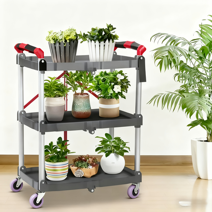 3-Tier Rolling Cart Collapsible Service Utility Cart on Wheels, Portable Folding 3 Shelf Cart for Kitchen Office Garage Workshop