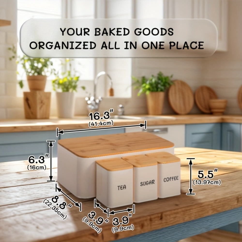 Bread Box with 3 Jars Set for Kitchen Countertop, Metal Bread Box with Bamboo Board Cover, Coffee Sugar Tea Canisters