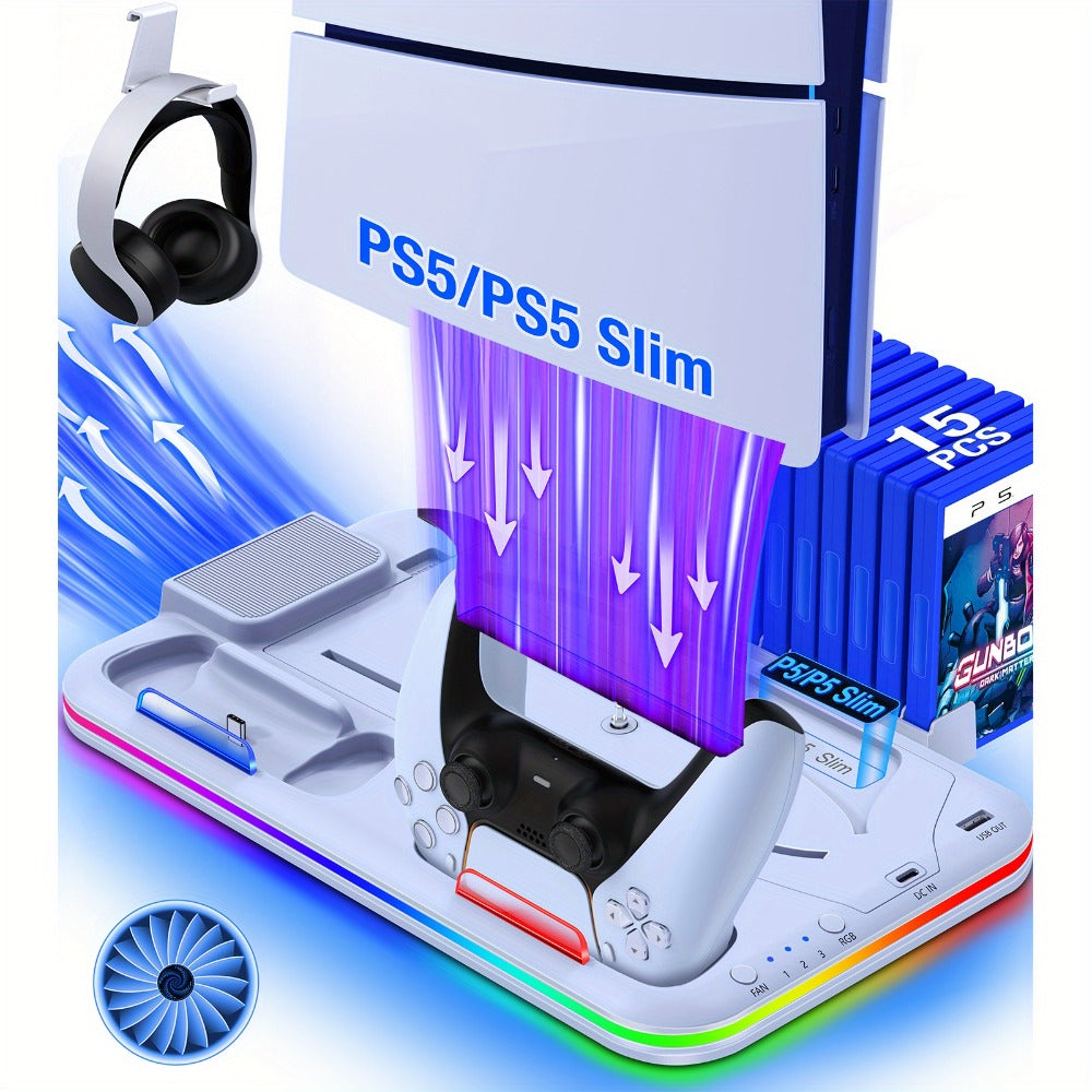 15-Game Storage PS5 Slim Stand with RGB Cooling Fan & Dual Controller Charging Station, Compatible with PS5 Slim Disc & Digital Edition