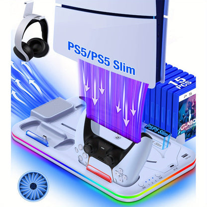 15-Game Storage PS5 Slim Stand with RGB Cooling Fan & Dual Controller Charging Station, Compatible with PS5 Slim Disc & Digital Edition