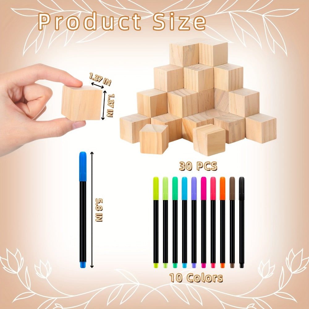 Wooden Block Stacking Game Party Kit 51pcs 30pcs – Baby Shower Tumbling Tower Decoration Sign Set Classic Flower Greenery Fox Bear Style No