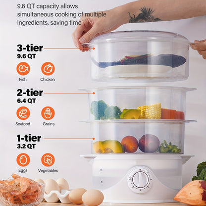 Electric Food Steamer 3-Tier 9.6QT Large, 800W Fast Cooking, 60-Min Timer, Boil-Dry Protection, &