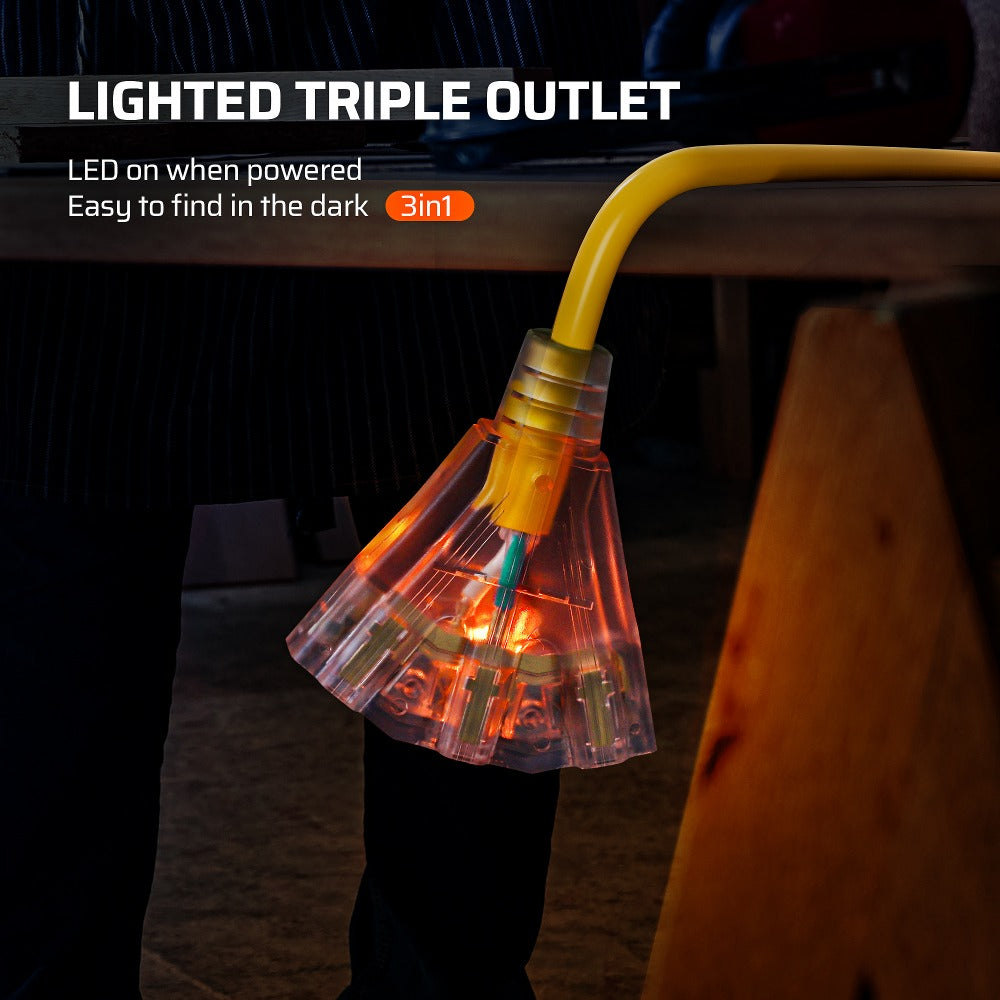 Yellow 25-Foot 14/3 Extension Cord with Three-Outlet Lighted Tri-Tap, 15A 125V and 1875W Label
