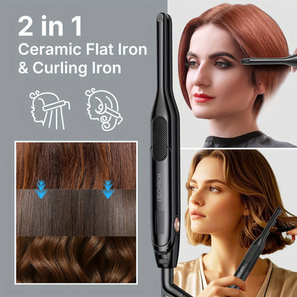 Mini 0.3 Inch Hair Straightener 2-in-1 Curler Titanium Plates 5 Heat Settings 450°F, for Home, Travel and Salon Hair Styling