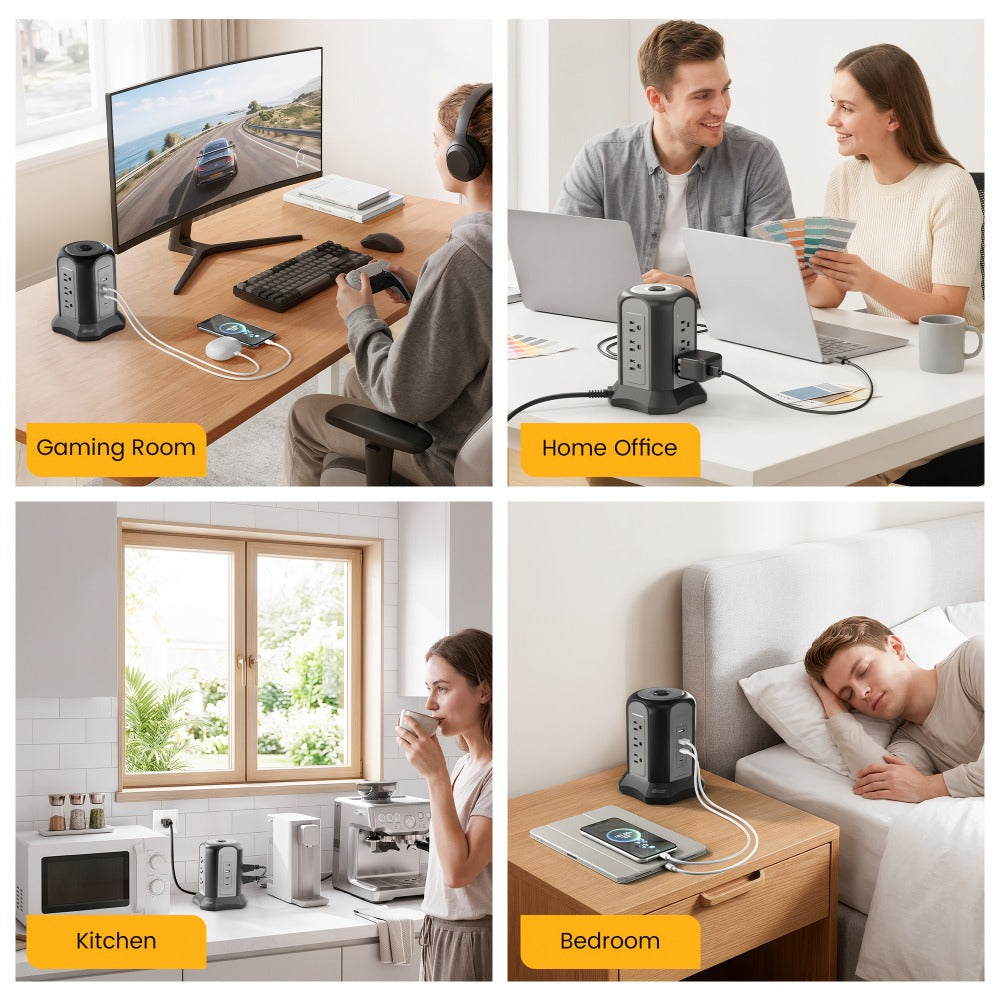 Surge- Power Tower 13-in-1 with Wireless Charger, 9 AC Outlets & 4 USB Ports (2 USB-C PD18W), 1080J Surge Protector