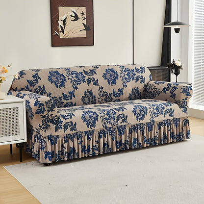 Sofa Cover Dark Blue Printed Skirt Slipcover with High-Elasticity Fiber and Fixing Rods with Model-Specific Size and Color Options