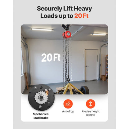 Hand Chain Hoist / Manual Chain Block with G70 Chain, 8 ft / 10 ft / 20 ft Lift Height, 360° Rotating Hooks