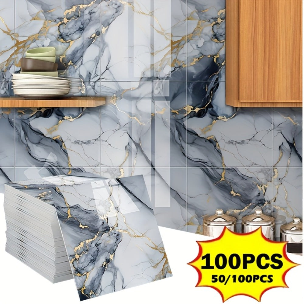 Peel and Stick Wall Tiles 50/100pcs PVC Marble Self Adhesive Vinyl Tile Stickers for Bathroom Kitchen Living Room