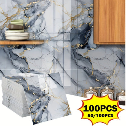Peel and Stick Wall Tiles 50/100pcs PVC Marble Self Adhesive Vinyl Tile Stickers for Bathroom Kitchen Living Room