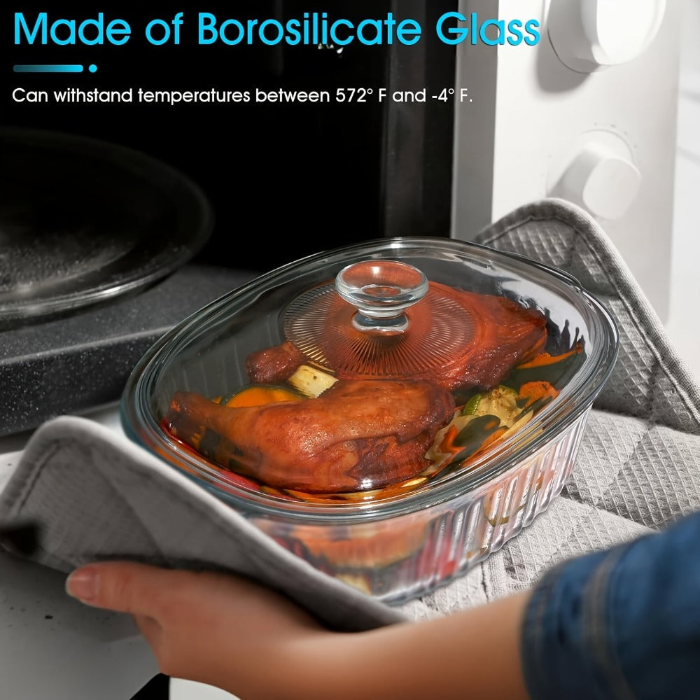 Glass Casserole Dish with Lid, Oval Ribbed Roasting Pan, Oven & Covered Baking Dish for Entryways, Bedrooms and Living Spaces