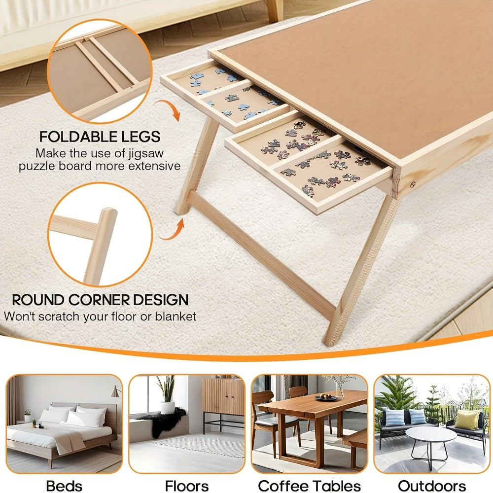 Jigsaw Puzzle Table with Folding Legs – 4 Drawers 16 Sorting Grids Portable Wooden Puzzle Board for 1000 Pieces