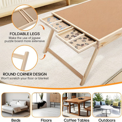 Jigsaw Puzzle Table with Folding Legs – 4 Drawers 16 Sorting Grids Portable Wooden Puzzle Board for 1000 Pieces