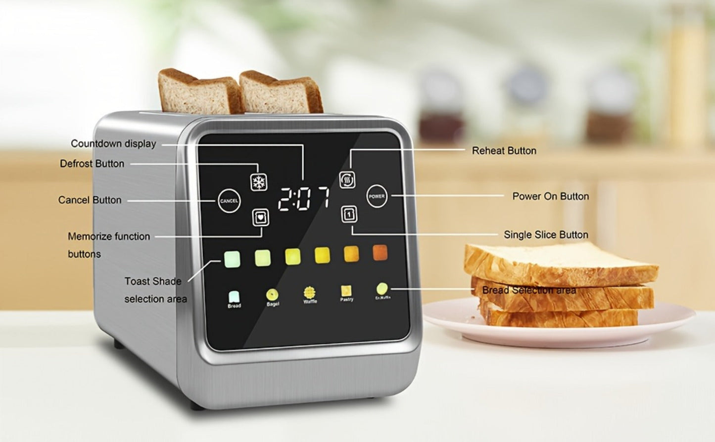 Digital Touch Screen Toaster 2 Slice Stainless Steel with 5 Bread Functions 7 Shade Settings for Home Cooking, Dining and Outdoor Meals
