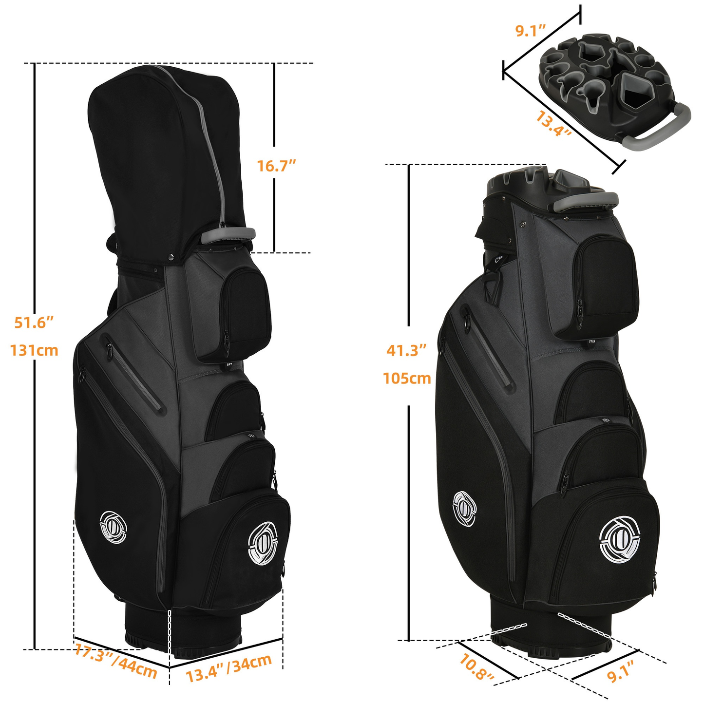 Golf Cart Bag 14-Way Full Length Dividers Protect Clubs 8 Zippered Pockets Cooler Pocket Valuables Pocket Ergonomic Shoulder Straps Rain