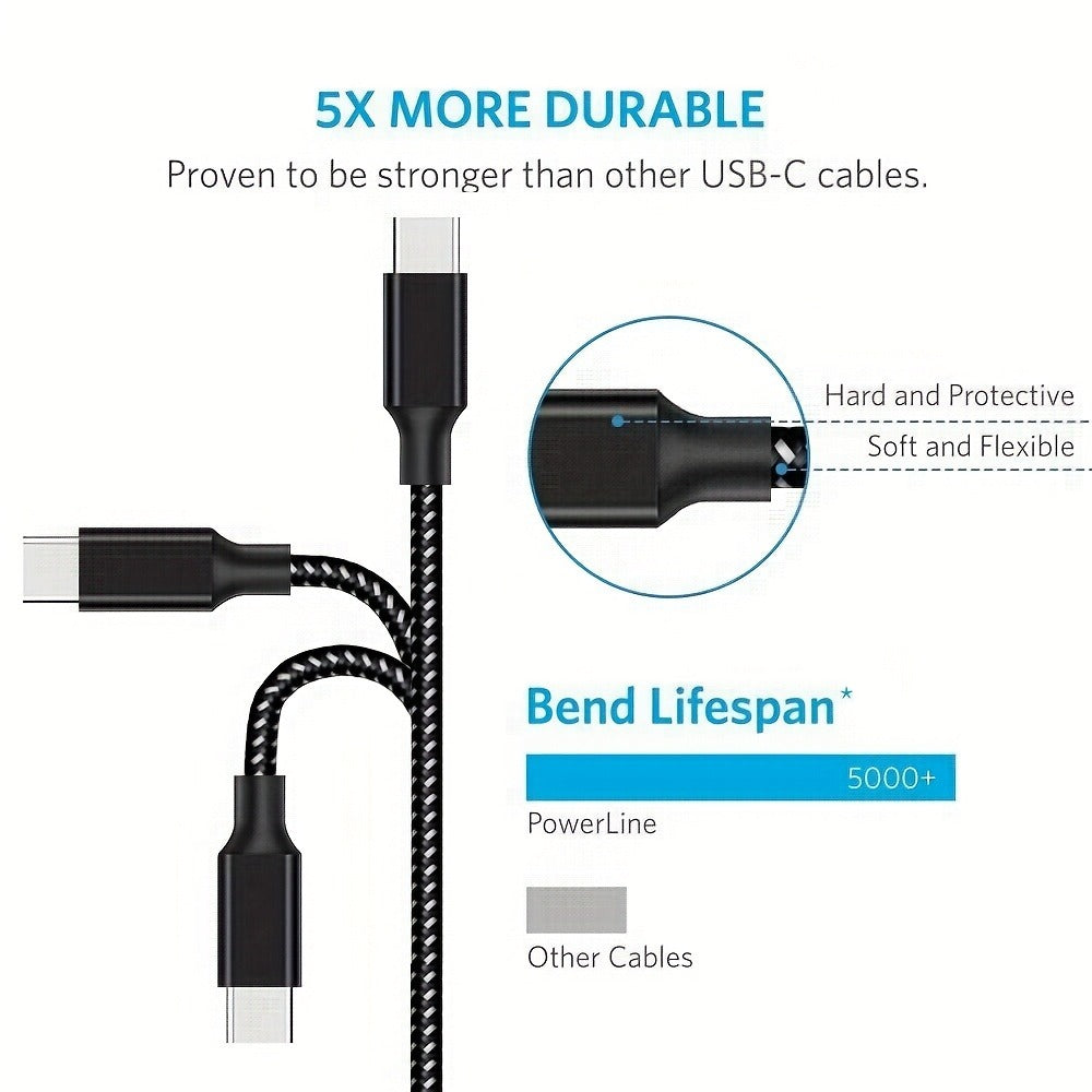 Five-Pack Braided USB-A to USB-C Charging Cables in 3.3, 6.6 and 10 ft Lengths, Black and White