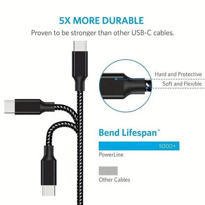 Five-Pack Braided USB-A to USB-C Charging Cables in 3.3, 6.6 and 10 ft Lengths, Black and White