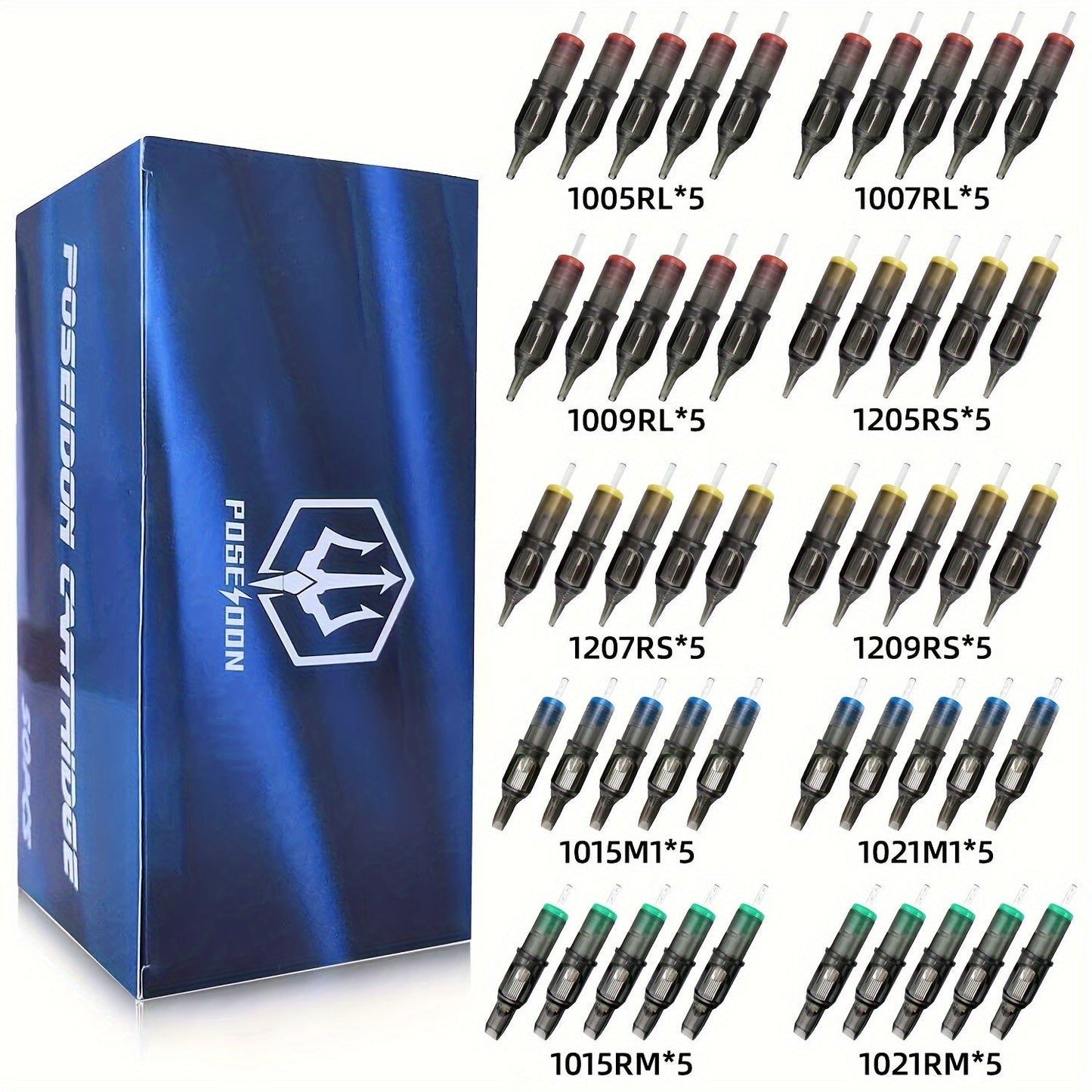 Tattoo Cartridge Needles 50Pcs Assorted - Poseidon TUV 0.30mm Stainless Steel RL RS M1 for Temporary Body Art, Festivals and Costumes