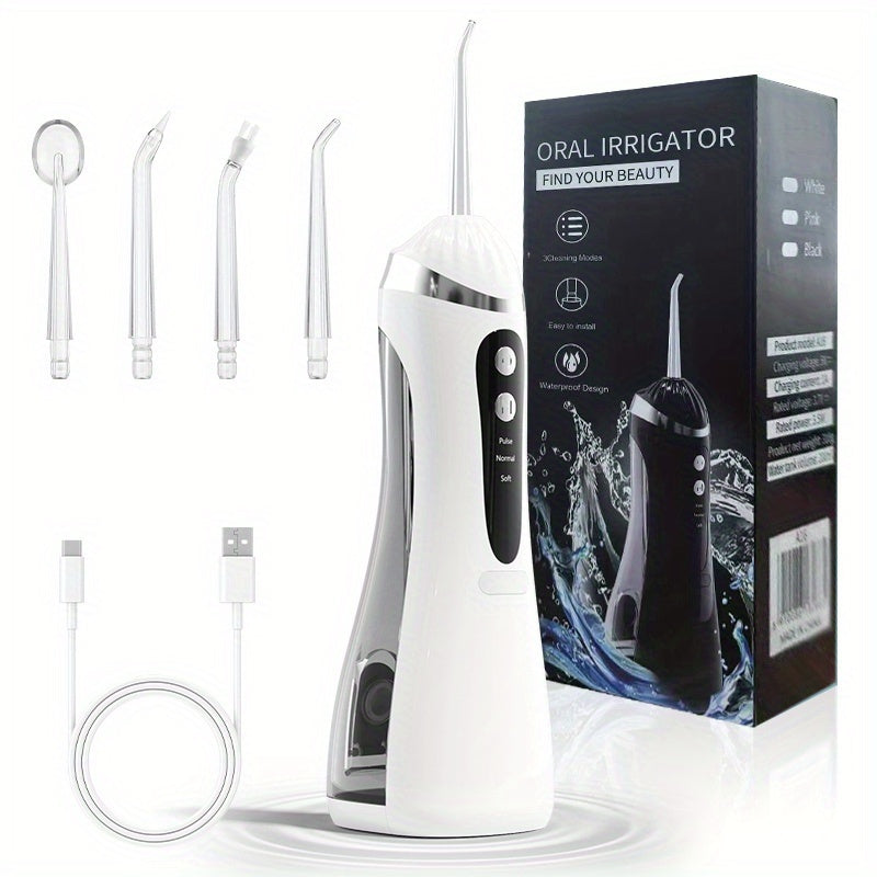 Water Flosser Portable Three-Mode Oral Irrigator with Brush Head Attachment, USB Charging and White, Black or Pink Options