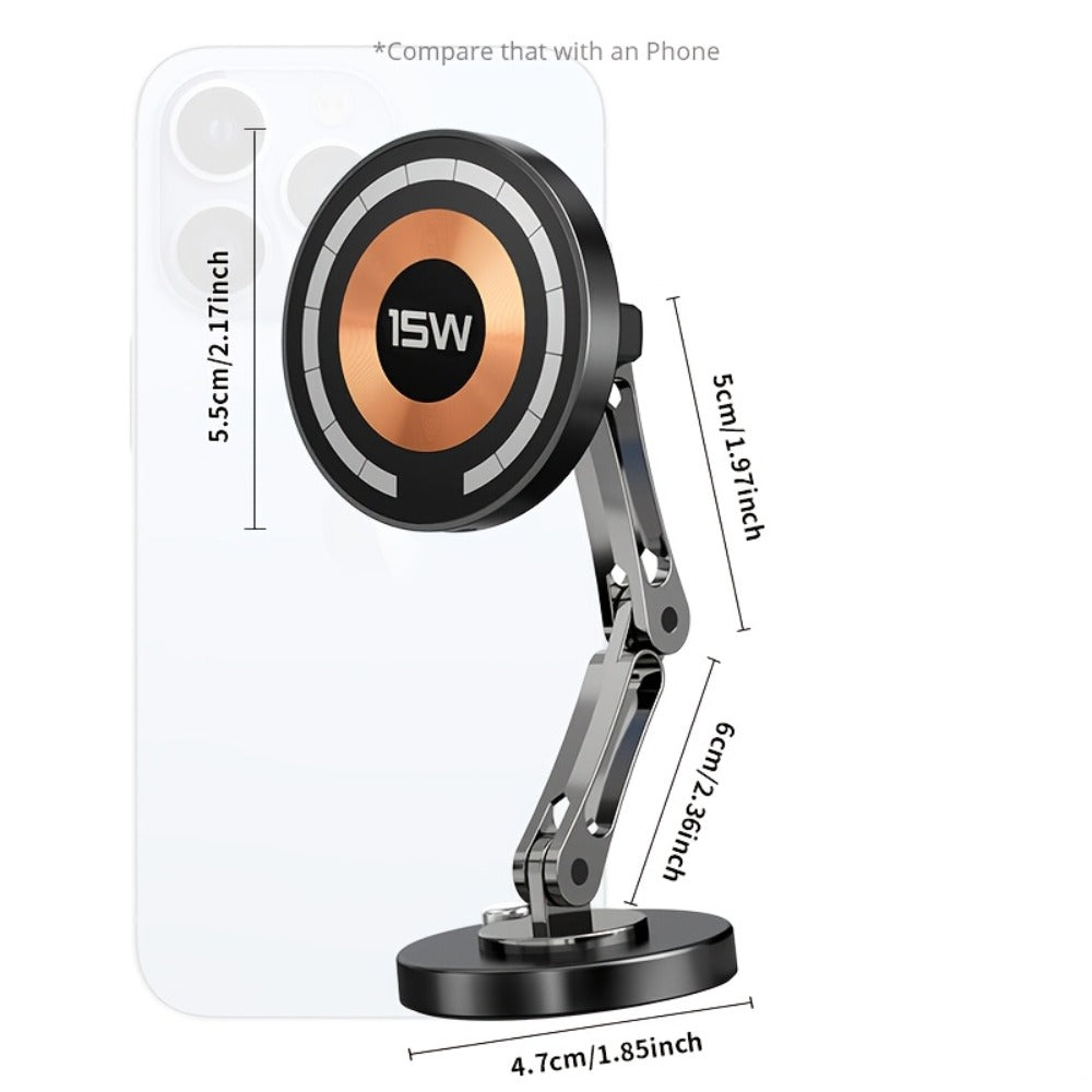Magnetic Wireless Charging Car Mount with 15W Label, Folding Arm, 360-Degree Rotation and Black Finish