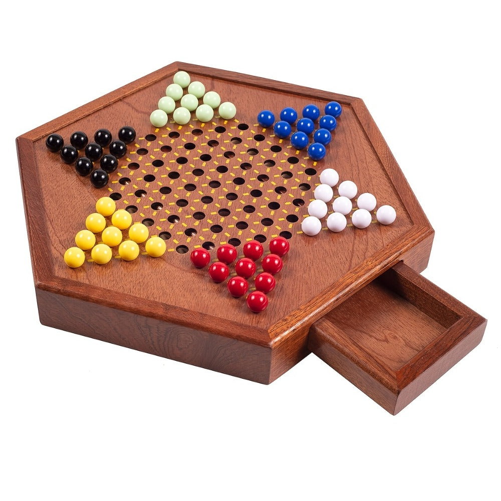 Deluxe Wooden Chinese Checkers Game Set 12.5 Inch Hexagonal Board with Storage Drawer 60 Acrylic Marbles