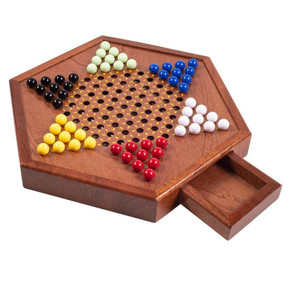Deluxe Wooden Chinese Checkers Game Set 12.5 Inch Hexagonal Board with Storage Drawer 60 Acrylic Marbles