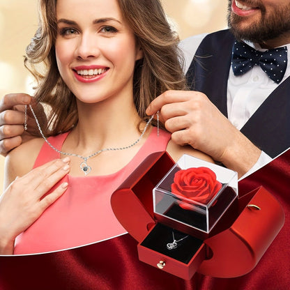 Preserved Real Rose Gift Box with I Love You in 100 Languages Necklace, Romantic Gifts for Girlfriend Wife Mom