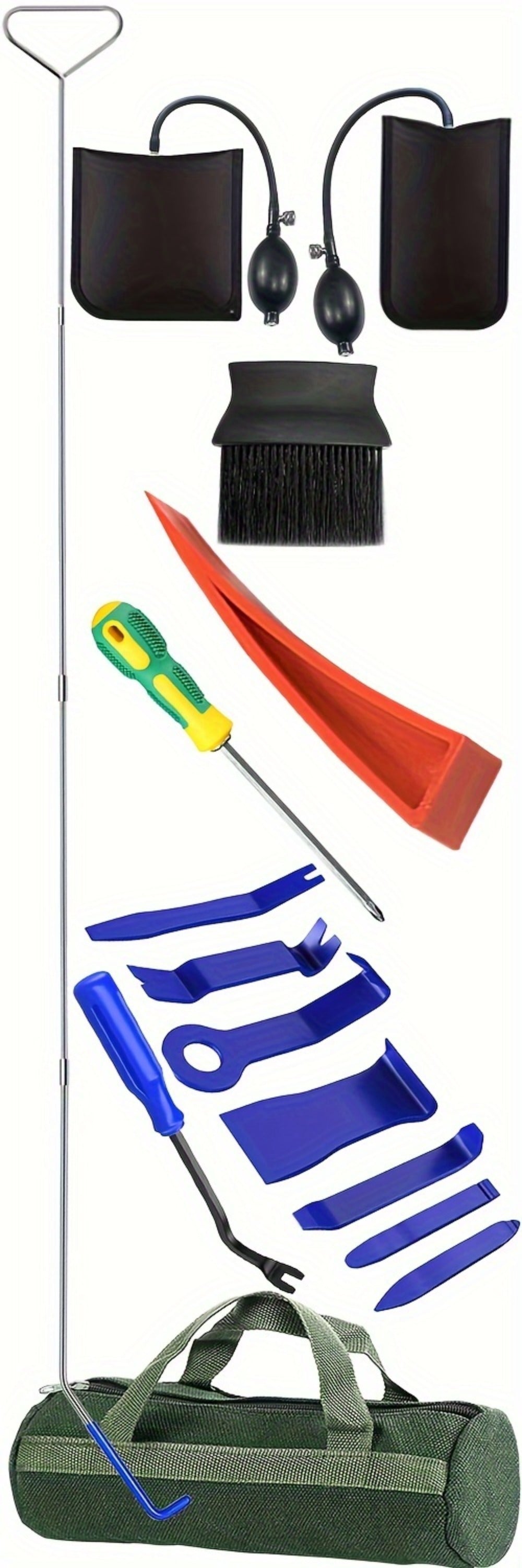 Car Door Unlock Tool Kit – Emergency Long Reach Grabber, Air Wedge, Trim Removal Tool & Carry Bag, Universal Fit for Cars Trucks SUVs