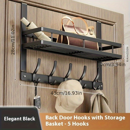 Over-the-Door Storage Rack with Metal Basket Shelf, 4 to 8 Hooks and Gray or Black Length Options