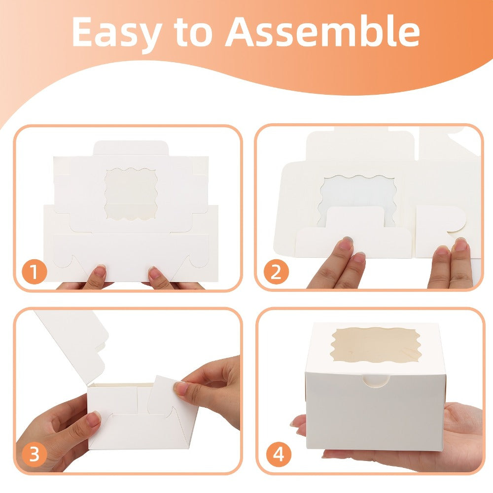 150-Pack White Treat Boxes with Scalloped Window, 4 x 4 x 2.5-Inch Size and Fold-Flat Design