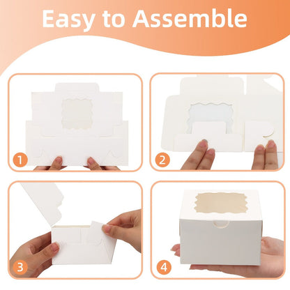 150-Pack White Treat Boxes with Scalloped Window, 4 x 4 x 2.5-Inch Size and Fold-Flat Design