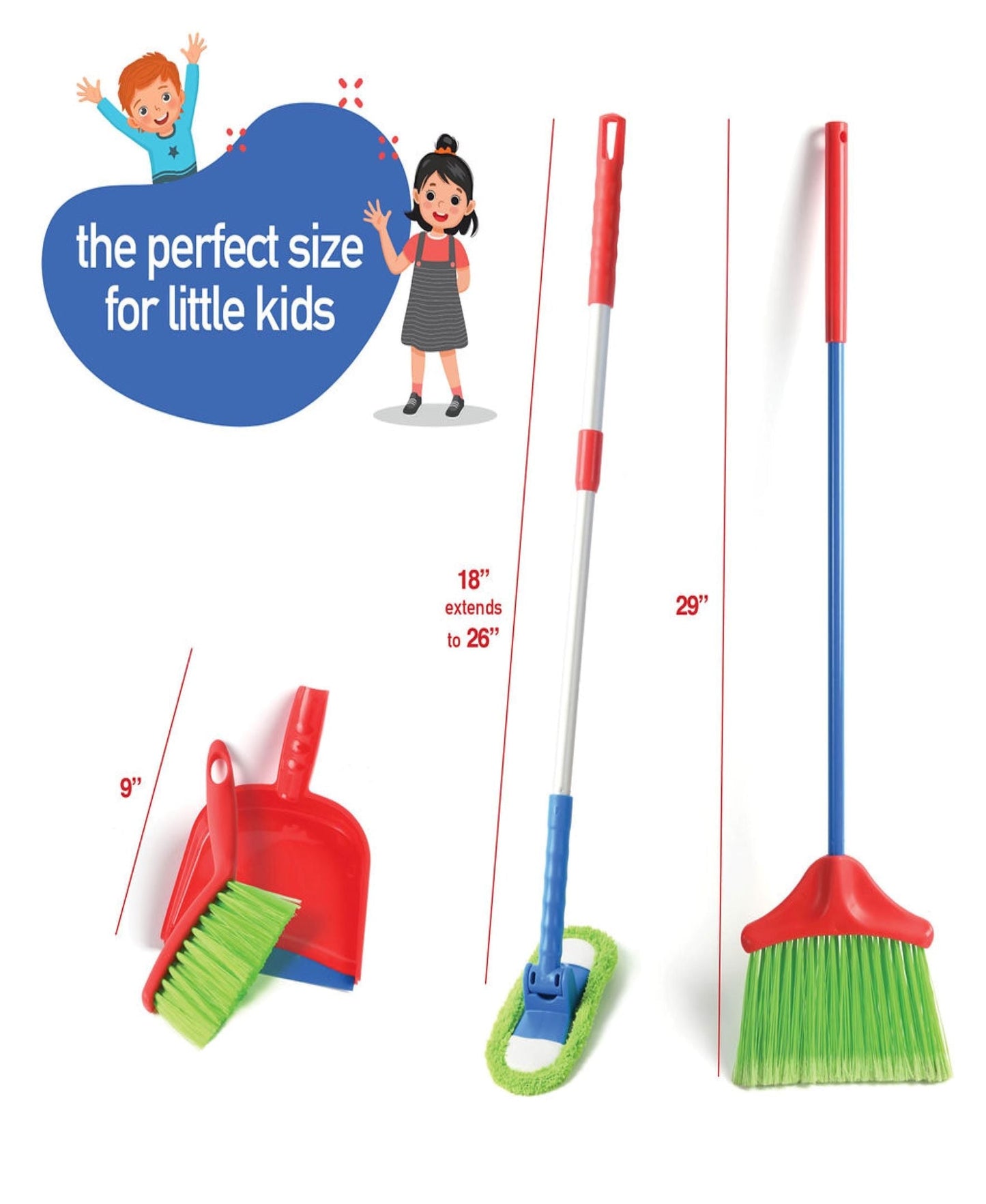 Kids Cleaning Set 4 Piece Toy Broom Mop Brush Dustpan, Pretend Play Housekeeping Kit for Toddlers Boys Girls