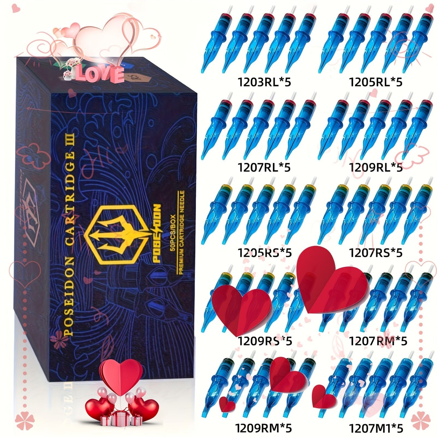 Tattoo Cartridge Needles 50Pcs Mixed Sizes - POSEIDON V3 Assorted Sterilized Cartridge for Temporary Body Art, Festivals and Costumes